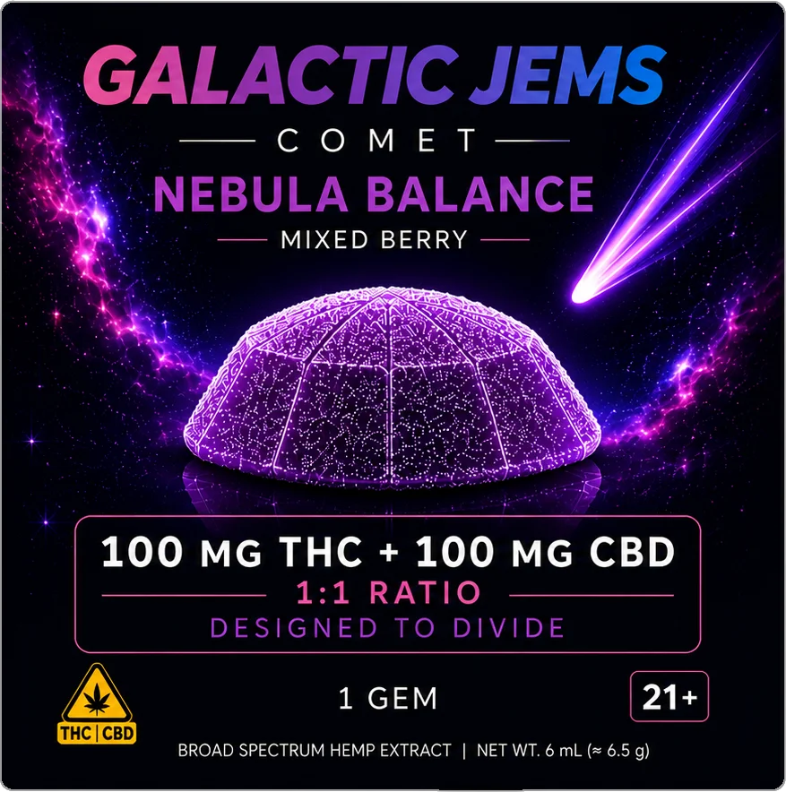Nebula Balance COMET packaging front — Mixed Berry 100mg THC + 100mg CBD