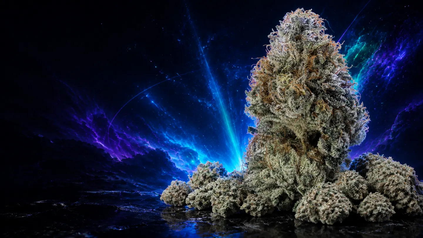 Dense hemp flower buds with visible trichome coverage, photographed against a blue and violet nebula
